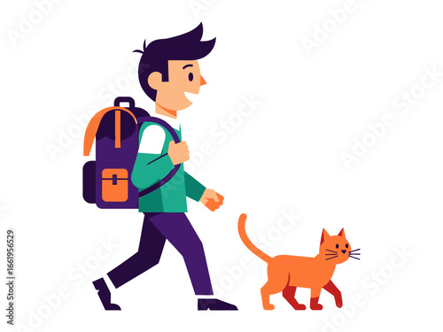 Daily walk with the faithful friend: a person takes a relaxing stroll with their happy pet cat. This cartoon captures the simple joy of companionship and the daily rituals of a life filled with love.