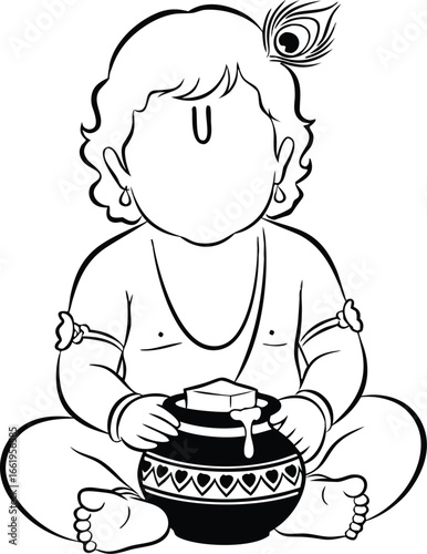 Minimalist Baby Krishna and Makhan Pot Vector Adorable Bal Gopal Holding a Pot of Butter Spiritual Line Art of Lord Krishna as a Child Baby Krishna with Butter Pot Line Artbaby krishna, krishna, bal g