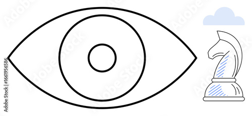 Black outline of an eye paired with a knight chess piece symbolizing strategy and decision-making. Ideal for vision, leadership, strategy, creativity, planning, innovation, insight. Flat simple