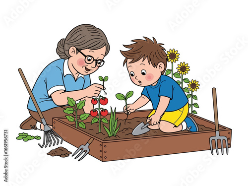 Gardening Together: A grandmother and grandson share a moment of togetherness planting seeds and nurturing new life in their garden.