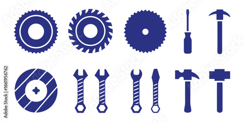 Collection of blue silhouetted hand tools and saw blades