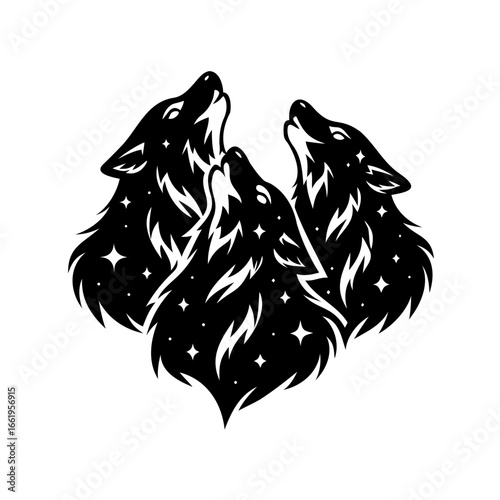 Three Wolves Howling at the Night Sky with Stars Artwork Design