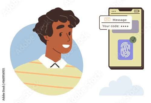 Young man smiling next to smartphone screen displaying authentication code and fingerprint scanner. Ideal for technology, security, identity, communication, access, verification, safety. Simplified