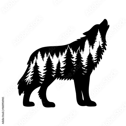 Howling Wolf Silhouette with Forest Trees Inside Body on White Background