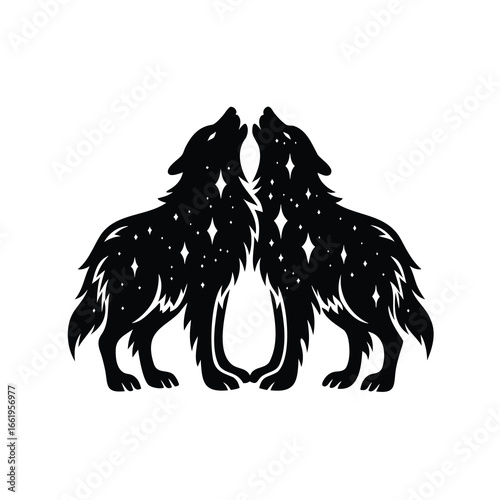 Silhouette of two howling wolves with cosmic star pattern inside their bodies