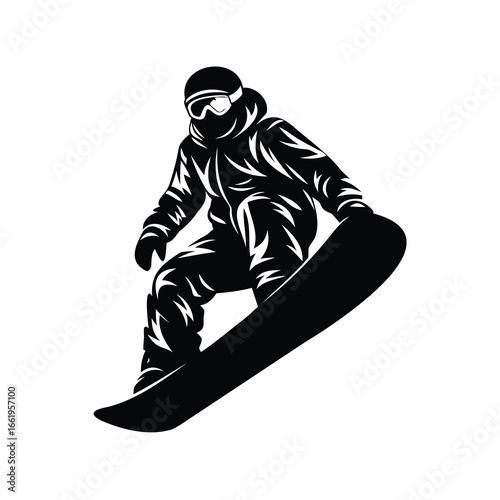 Monochromatic vector illustration of a snowboarder in action gliding downhill