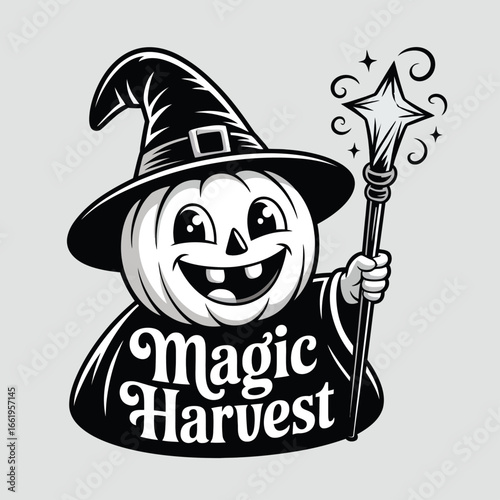 Pumpkin wizard with magic wand and words suitable for halloweenthemed designs, festive decorations, childrens book illustrations, and autumn celebrations.