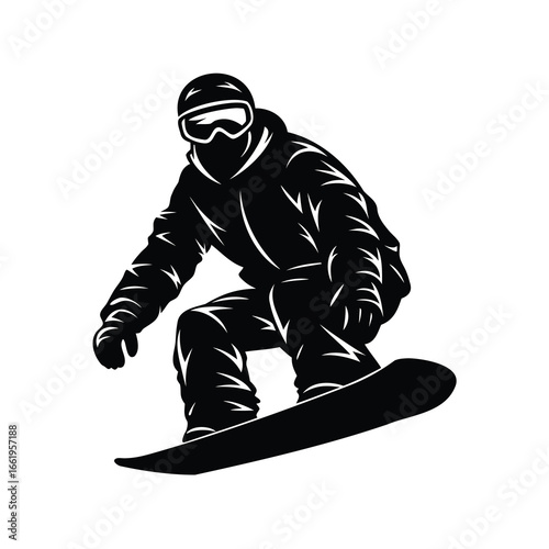 Monochrome illustration of a snowboarder in action, isolated on white background