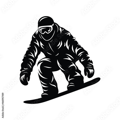 Stylized silhouette illustration of a snowboarder executing a jump with precision