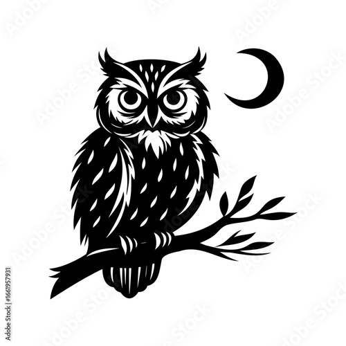 Silhouette of Owl on Branch with Moon, Illustration of Nocturnal Scene