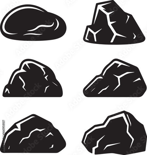 Black rocks with white cracks stone boulder