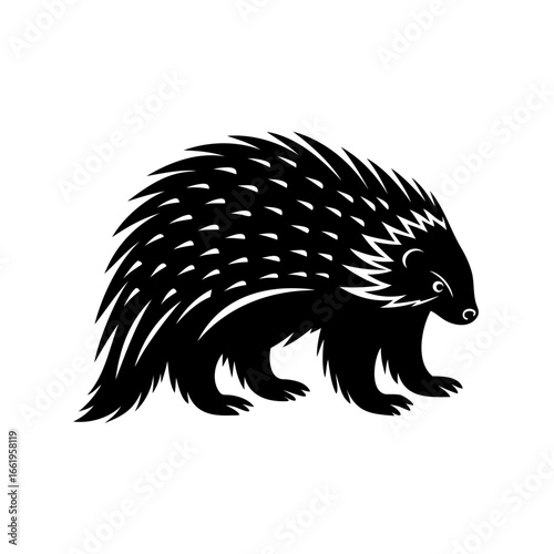 Silhouette of an adorable porcupine strolling across a white background in simplicity