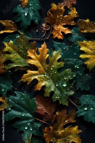 Colorful autumn leaves with water drops on black background. Autumn concept.