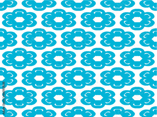 Blue floral patterns with a six-petal design, arranged in a seamless repetitive layout on a white background. Each motif is evenly spaced, creating a continuous and cohesive appearance. The pattern's 