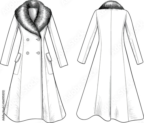 Elegant winter coat, fur collar, double-breasted design, fashion sketch, front and back view, stylish outerwear, cad drawing, flat vector illustration