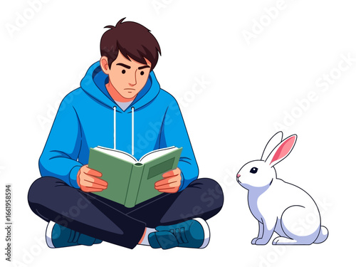 Boy and Bunny's Literary Journey: A captivating illustration of a boy deeply engrossed in a book, alongside a curious bunny, symbolizing the magic of reading and the bond between humans and animals.