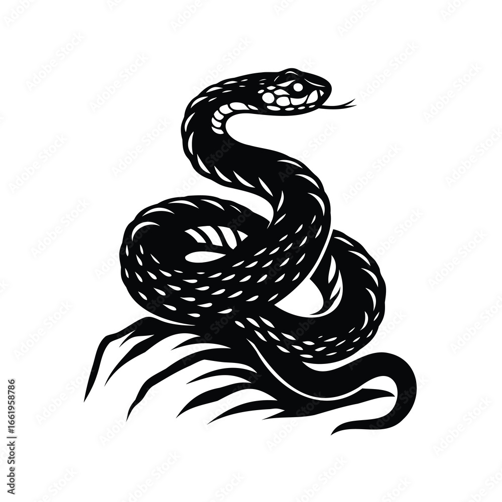 Fototapeta premium Intricate black snake drawing on a jagged base against white background art