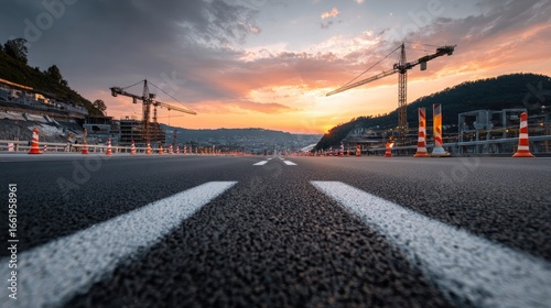 A sweeping vista of a highway under construction in Cape Town, South Africa, at sunset.