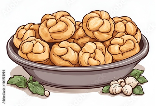 Illustration of A plate of homemade garlic knots with butter garlic topping, served hot and ready to eat, looking incredibly appetizing.