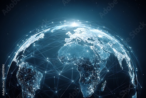 A digital illustration of the Earth with global network connections, representing connectivity and worldwide business exchange