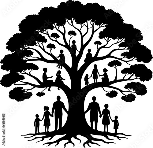 A symbolic silhouette of a large, branching tree with strong roots and multiple generations represented
