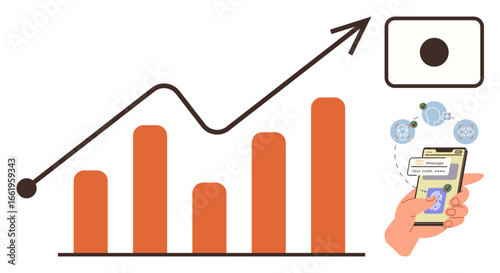 Bar chart with upward arrow, smartphone showcasing digital payment, and global network icons. Ideal for business growth, fintech, analytics, e-commerce, success innovation strategy. Simple flat