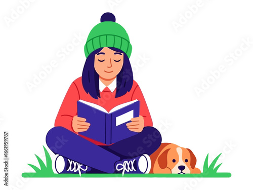 Reading Companion: A young person engrossed in a book finds a loyal companion in a cute canine friend, creating a scene of tranquil relaxation in an illustrative style.