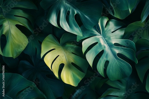 A textured green leaf on an abstract background symbolizing tropical nature