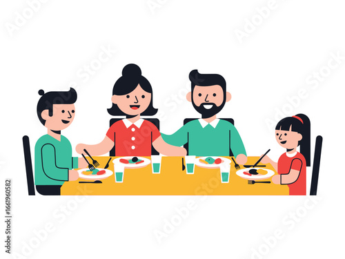 Family Mealtime: A heartwarming illustration of a family, gathered around a dining table enjoying a delicious meal together. capturing the everyday joy of shared moments and togetherness.