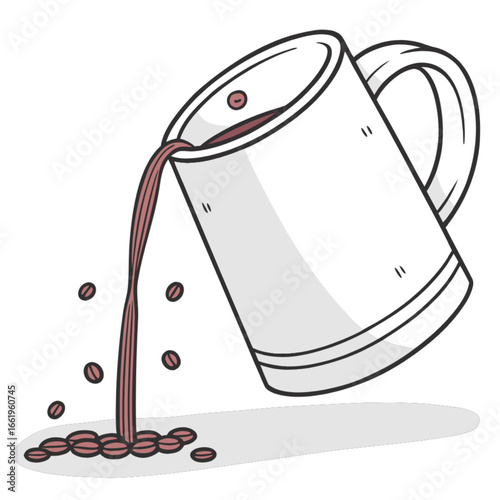 Coffee beans surround an isolated stainless steel kettle and a hot cup of coffee with milk
