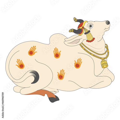Sacred Indian Cow Pichwai Mughal Style Illustration with Traditional Ornaments and Hand Motifs