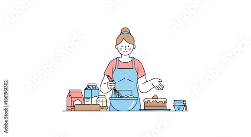 Whimsical Baking Scene: A Cheerful Cartoon Woman Preparing Delicious Treats with Ingredients  and Tools in a Minimalist Kitchen Setting