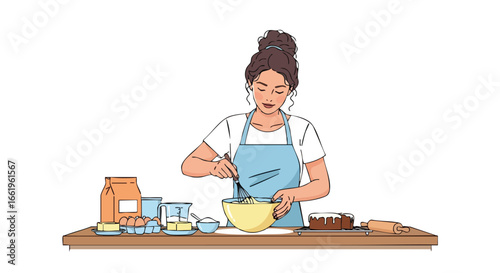 A Skilled young woman with her hair in a bun is mixing ingredients in a bowl with an apron preparing for baking session in the kitchen
