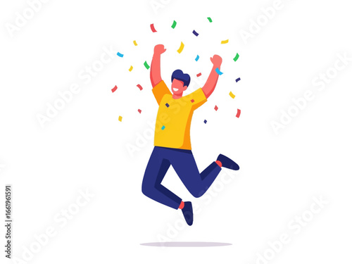 Jumping for Joy: A dynamic and colorful illustration captures the pure elation and excitement of a man celebrating with confetti and joyous energy.