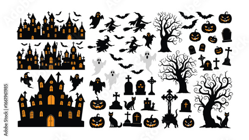 Spooky Halloween Elements: An assortment of meticulously crafted graphic silhouettes conjures the eerie ambiance of Halloween. This collection contains elements perfect for bringing a spooky, eerie.