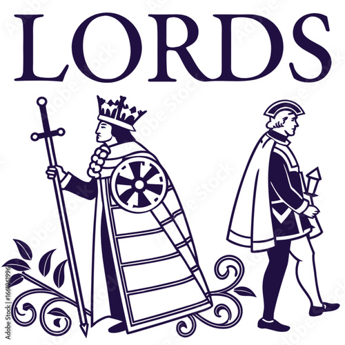 Black vector silhouette illustration of a man with a sword and a woman in fashion standing as people body figures