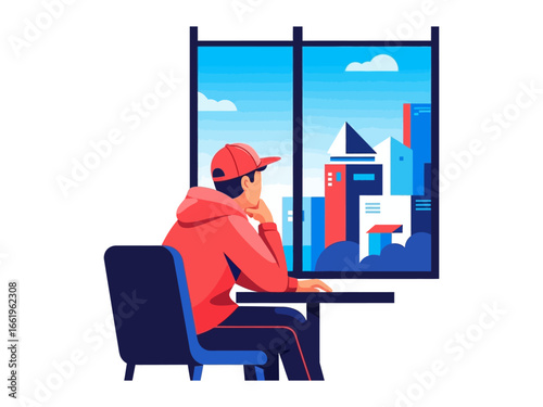 Contemplative View: A person gazes out a window at a vibrant cityscape, lost in thought, embodying introspection.