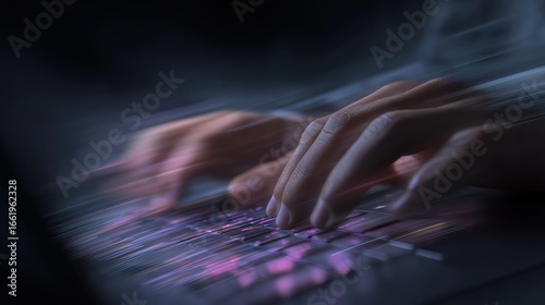 高速で光るキーボードを操作する手 | Hands typing quickly on an illuminated keyboard with speed lines