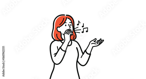 Illustrative depiction of a singing woman conveying emotion and rhythm through vocal expression, musical notes, and hand gestures