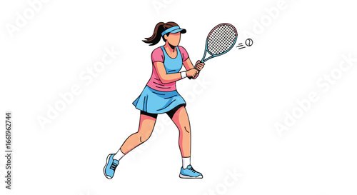 Energetic tennis player illustration, dynamic swing with racket in action, competitive and determined focus on the game, vector design for sporting