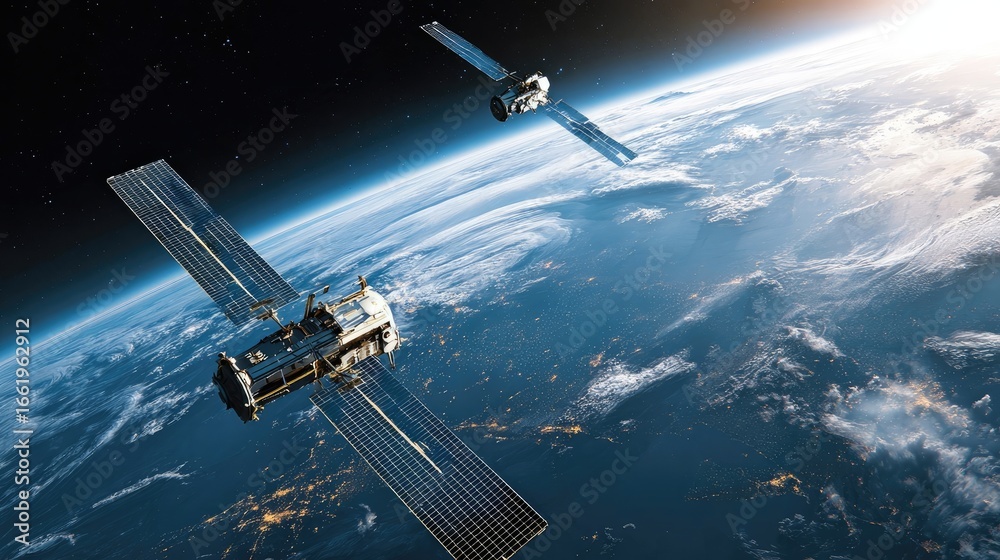 Obraz premium A captivating view from space of two satellites in orbit around the Earth.