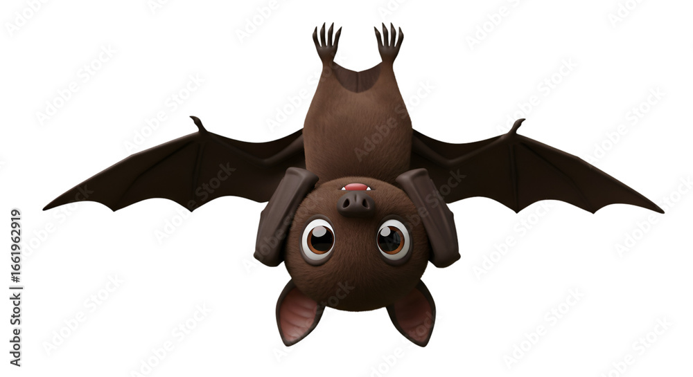 Obraz premium Charming Bat Hanging Upside Down: An adorable cartoon bat with big, endearing eyes, dark wings, and a happy expression, poses upside down in a whimsical and playful scene.