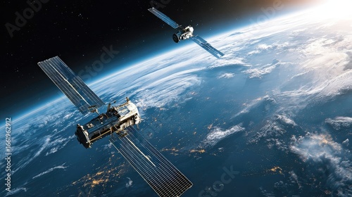 A captivating view from space of two satellites in orbit around the Earth.