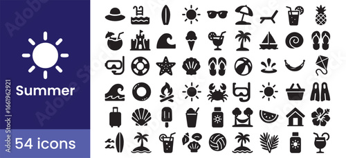 Summer icon set with 54 glyph style vector symbols for beach and vacation themes. Includes tropical travel illustrations like sun, palm tree, ocean, and holiday elements.