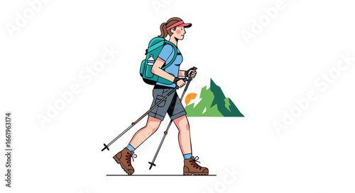 Illustration of a female hiker trekking through the mountains with poles and a backpack on a bright sunny day