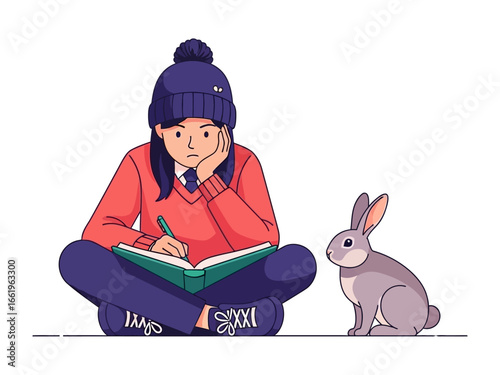 Writer's Solitude and Companion: An illustration of a person lost in thought, writing in a notebook while a small rabbit gazes, illustrating the beauty of peaceful coexistence.