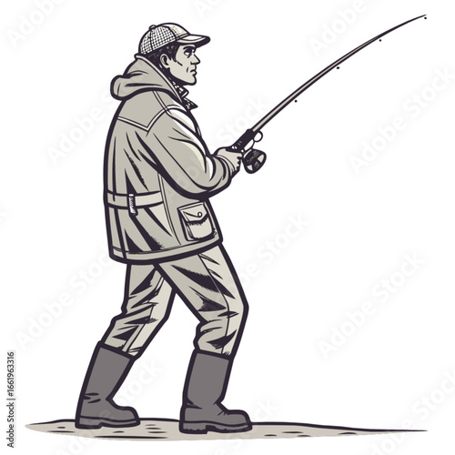 A cartoon vector illustration shows a lone person's silhouette fishing on a river with a rod