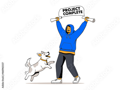 Project Complete! : a joyous illustrated scene depicts a person celebrating the successful completion of a project, accompanied by an enthusiastic dog, capturing a moment of triumph and excitement.