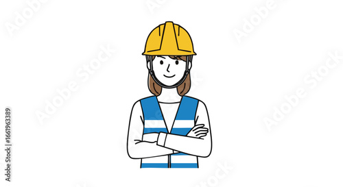 Confident female construction worker with arms crossed wearing safety gear illustration portraying industry occupation and work attitude