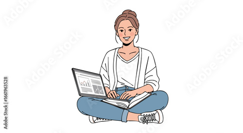 Focused female entrepreneur working remotely with laptop and notebook illustration